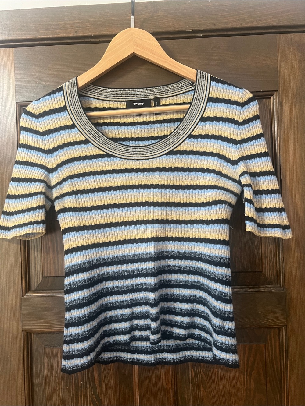 Theory Striped Ribbed Short-Sleeve Top - Blue, Yellow, Black